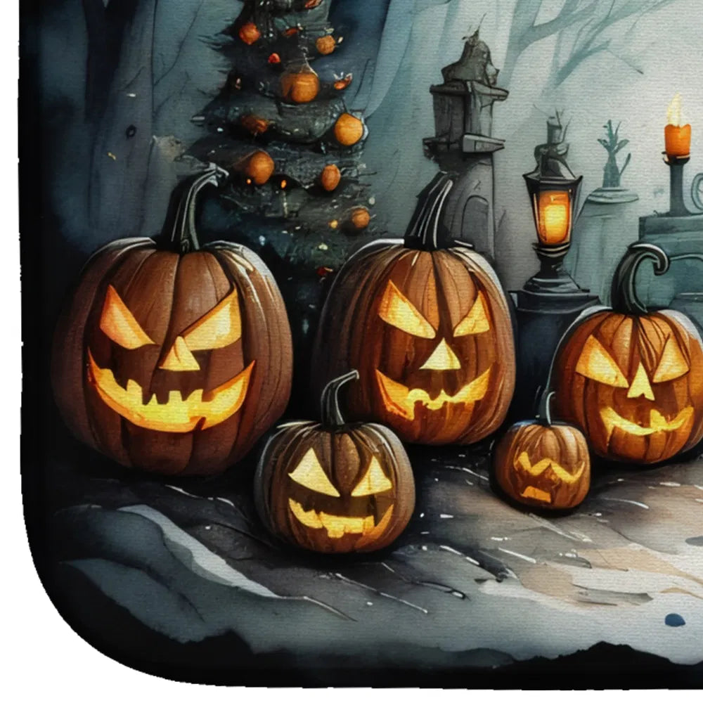 Halloween scene with carved pumpkins, a tree, and tombstones in a graveyard setting.