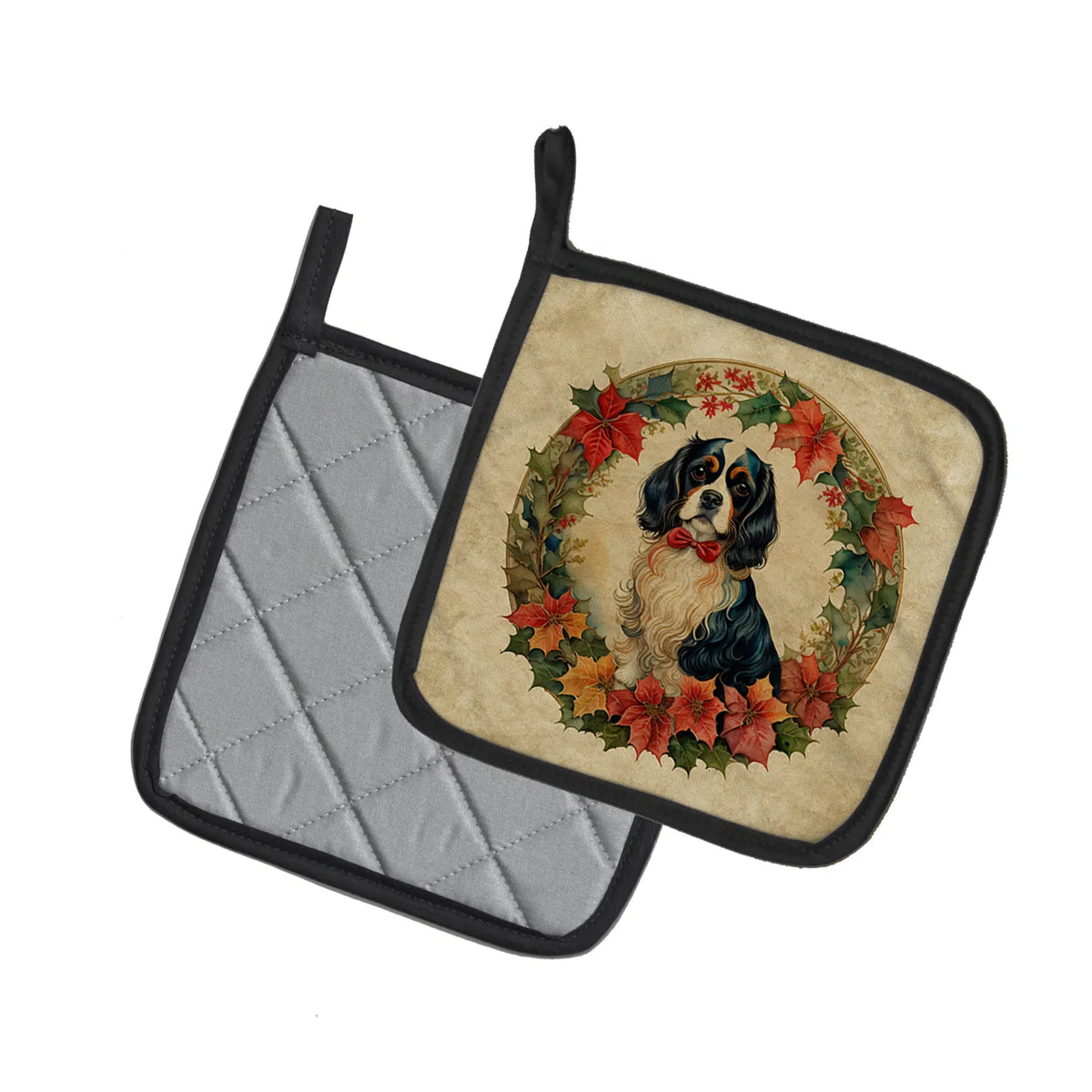 Two pot holders with one featuring a dog in a wreath design on a beige background.