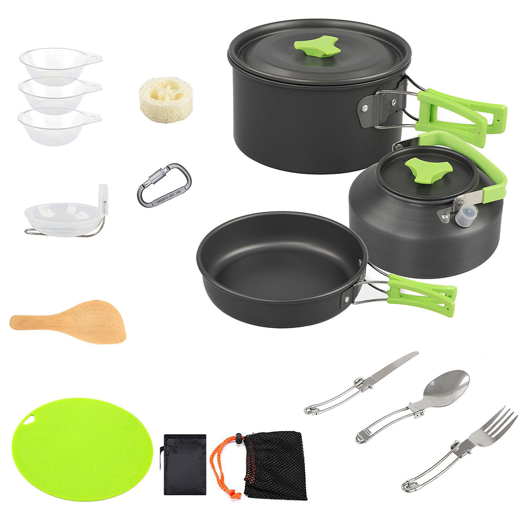 A 15-piece camping cookware set arranged on a white background, including a pot with lid, kettle with lid, frying pan, utensils, cutting board, sponge, carabiner, and storage pouch.