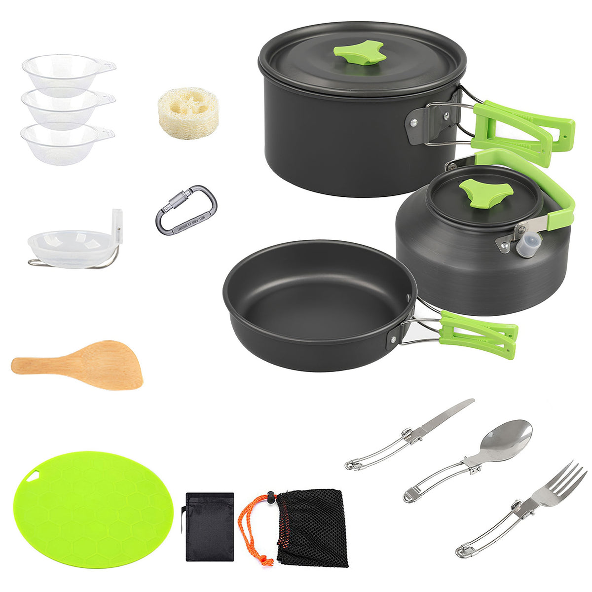 A 15-piece camping cookware set arranged on a white background, including a pot with lid, kettle with lid, frying pan, utensils, cutting board, sponge, carabiner, and storage pouch.