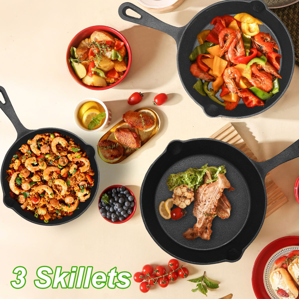 Four black skillets with various dishes on a light background