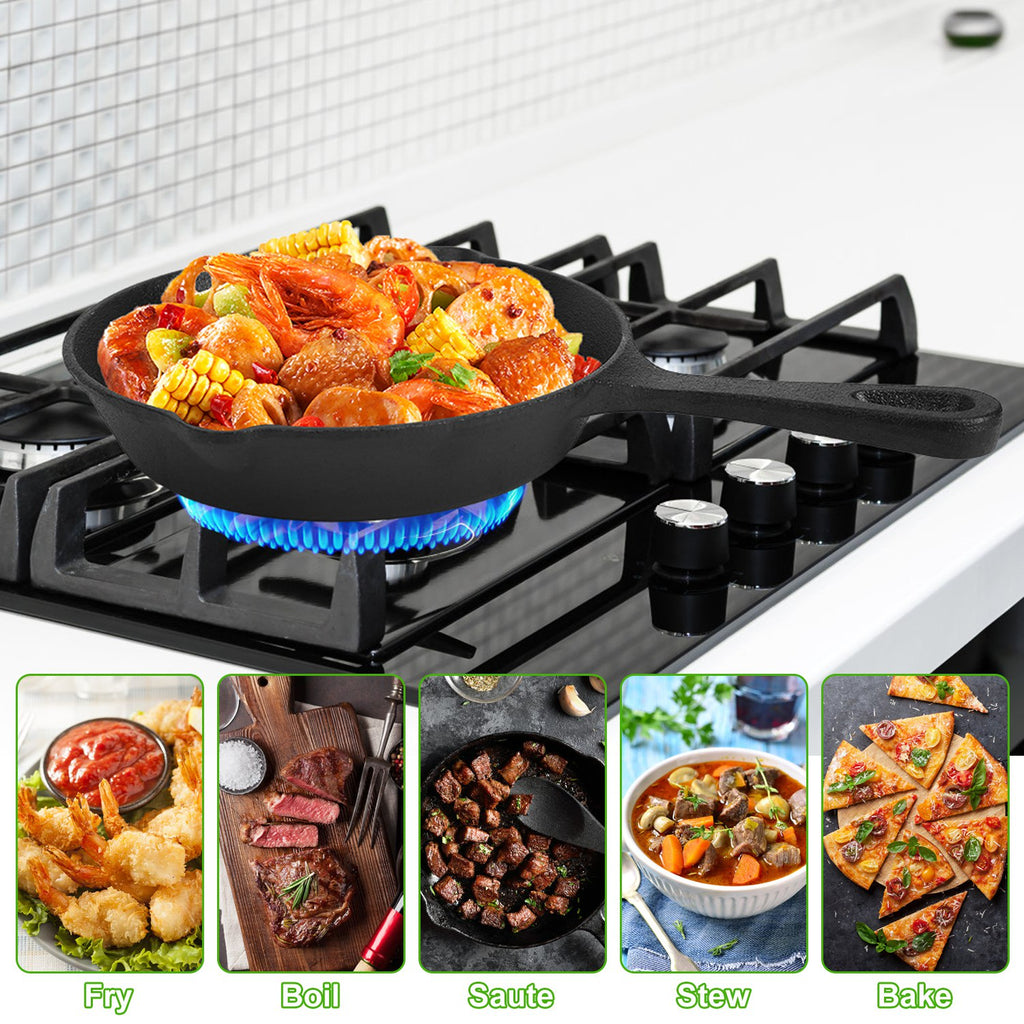 Black frying pan on a gas stove with food, surrounded by images of different dishes.