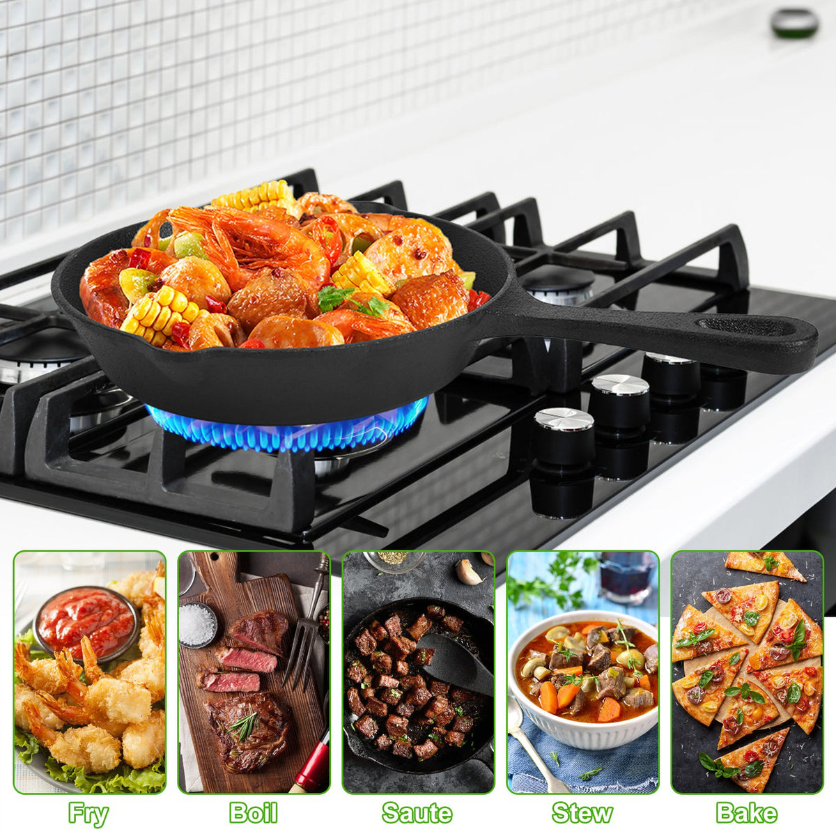 Black frying pan on a gas stove with food, surrounded by images of different dishes.