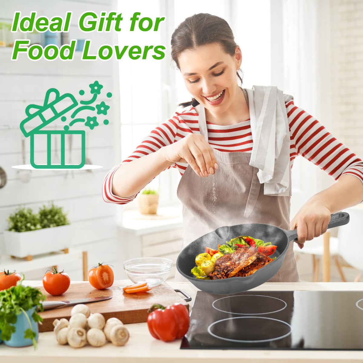 Woman cooking in a kitchen with text 'Ideal Gift for Food Lovers' and a gift icon.
