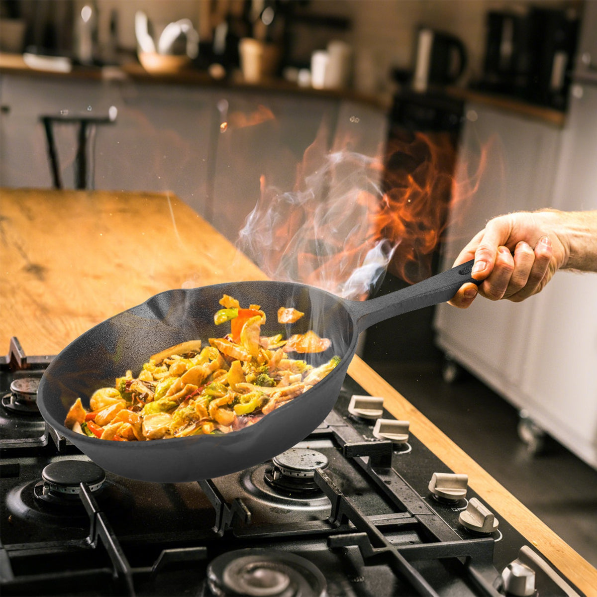 Person cooking stir-fry in a wok over a stove with flames
