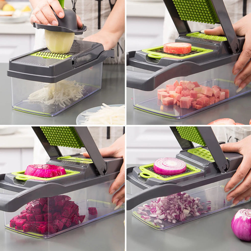 Multifunctional vegetable chopper being used to chop various vegetables.