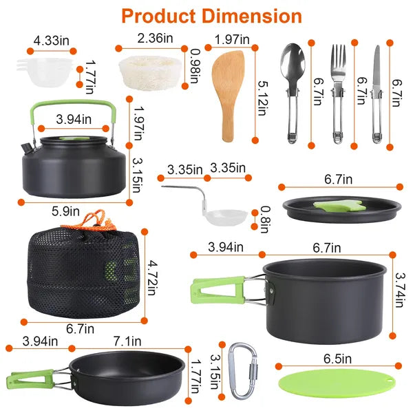 Measurement chart of camping cookware and utensils with dimensions labeled.