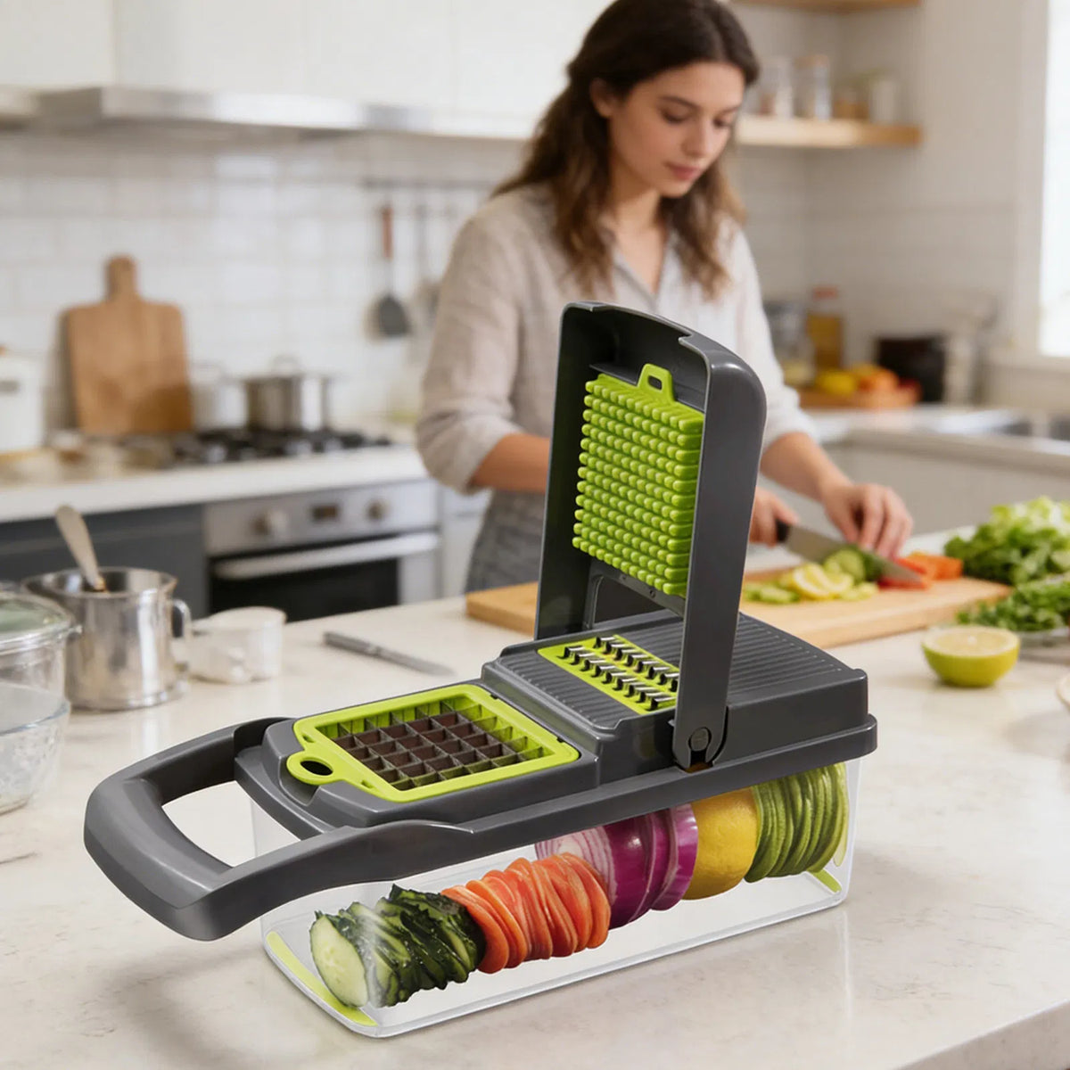 A multi-functional vegetable slicer and chopper with a dark gray handle and bright green accents, shown in a kitchen setting with a woman slicing vegetables in the background.