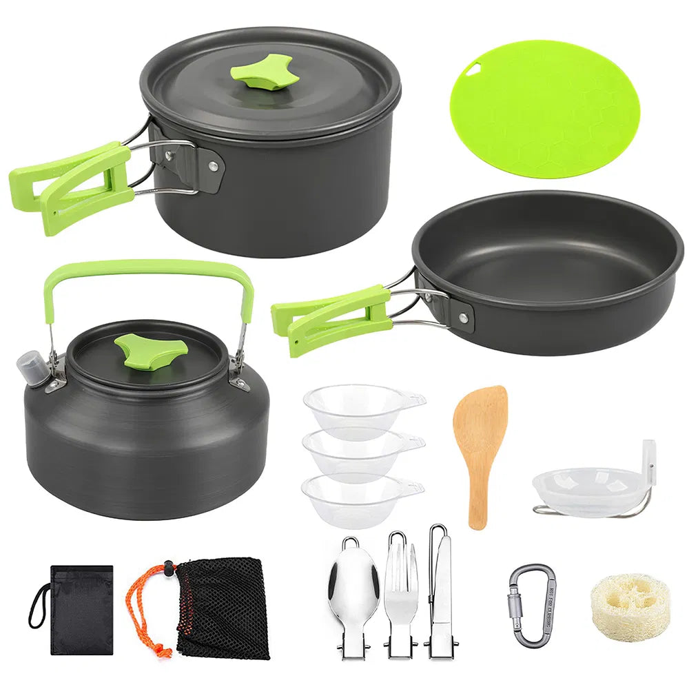 A 12-piece camping cookware set with a black non-stick finish and bright green accents, including a pot with lid, frying pan, kettle with lid, bowls, utensils, sponge, brush, and storage bag, arranged on a white background.