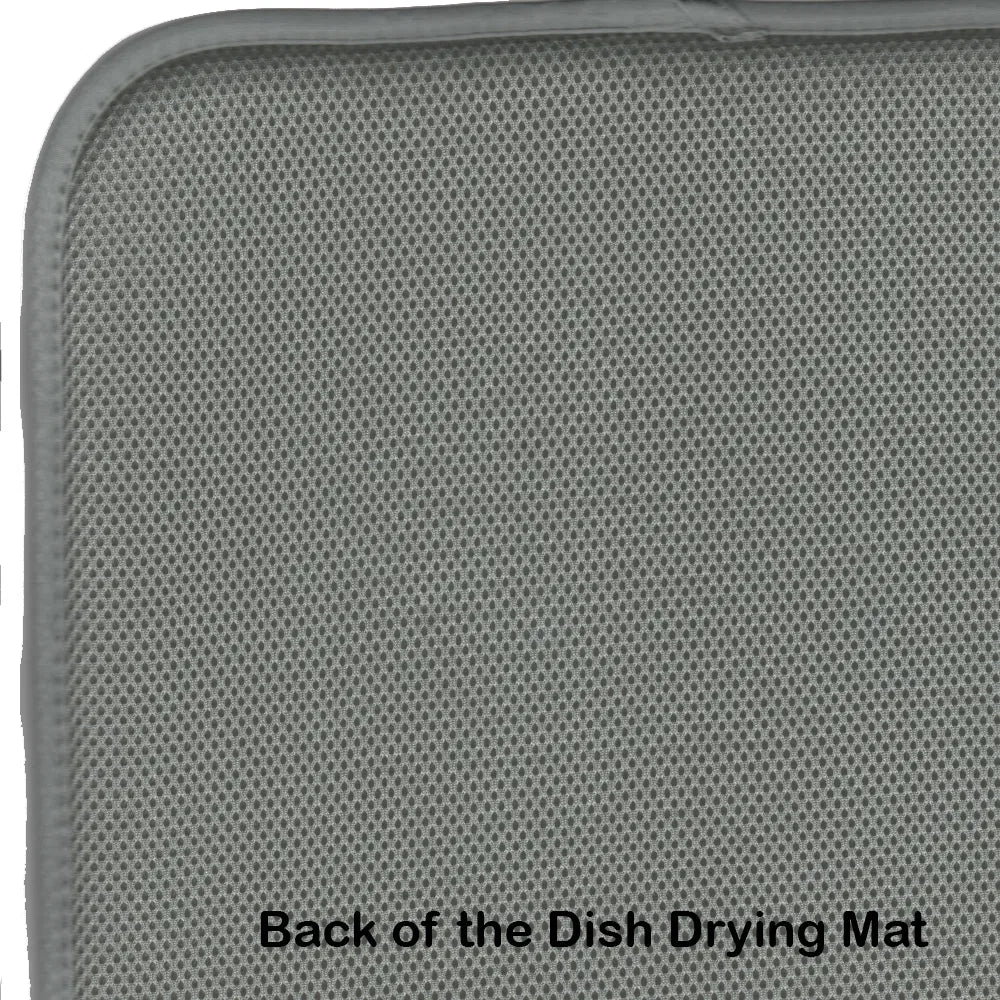 Close-up of the back side of a gray dish drying mat, showing a textured mesh-like surface with a stitched border and the text 'Back of the Dish Drying Mat' at the bottom.