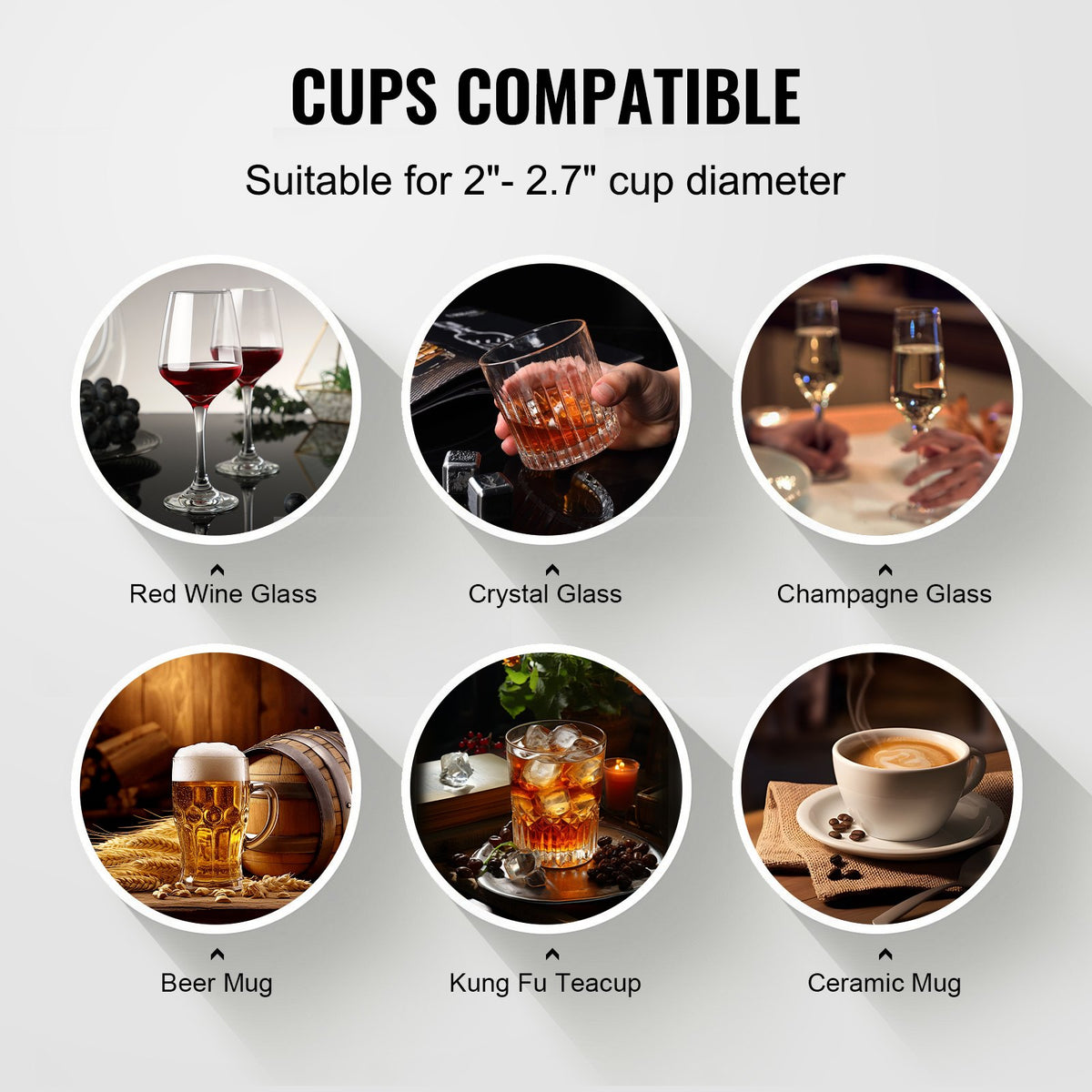 Compatibility chart for cups with images of different types of glasses and mugs.