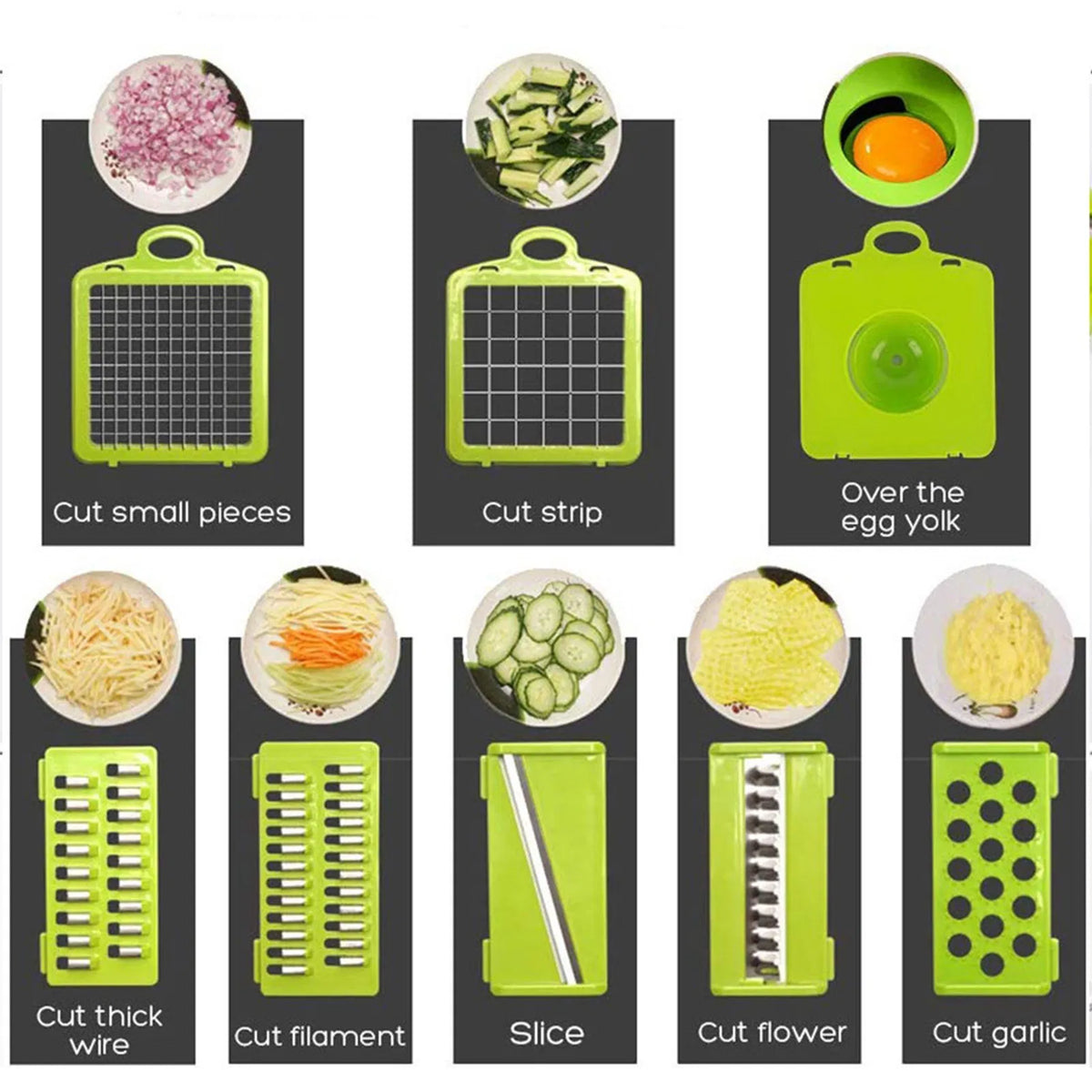 Multifunctional kitchen slicer with various attachments and usage examples on a black background.