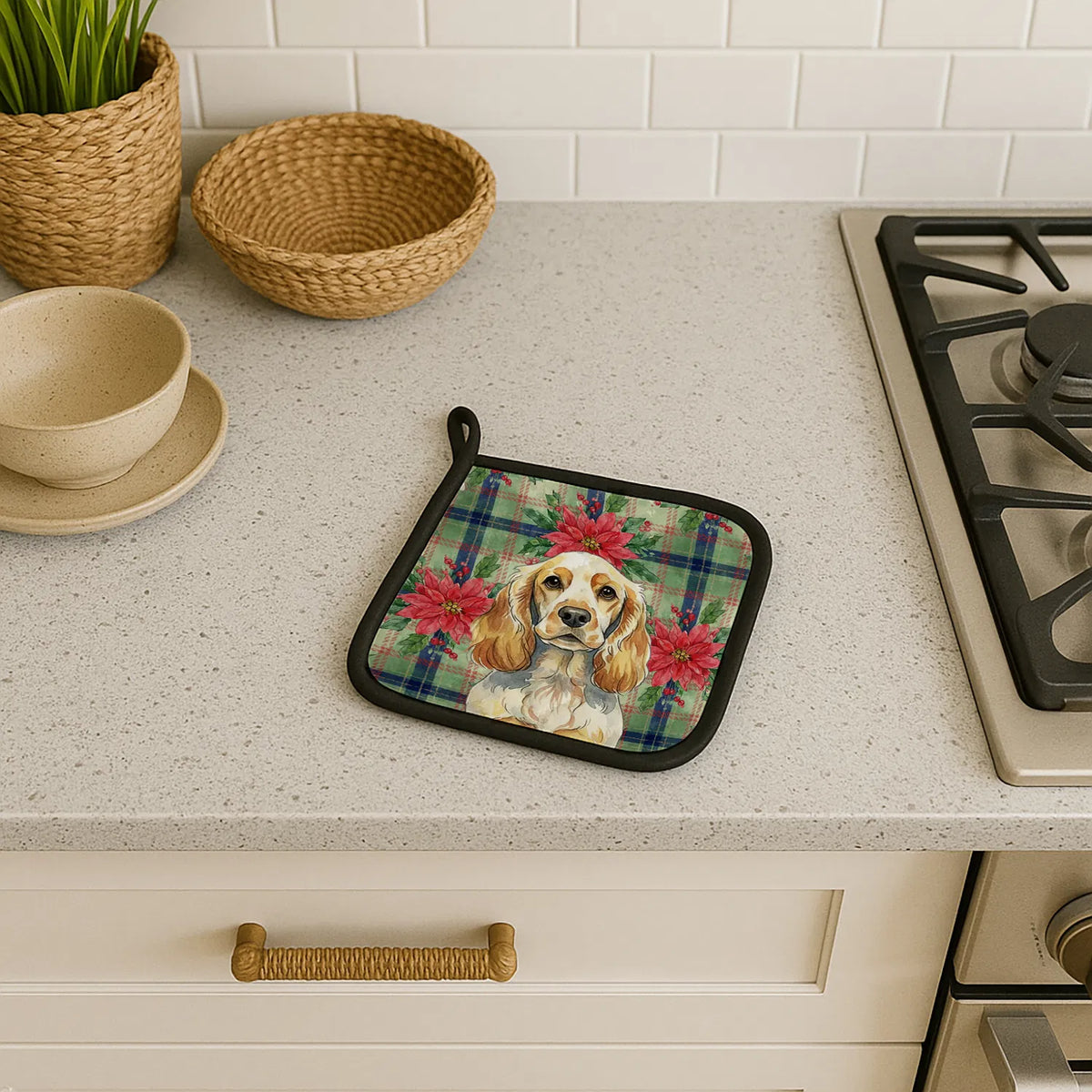 Floral design pot holder on a kitchen counter with bowls and a stove in the background.