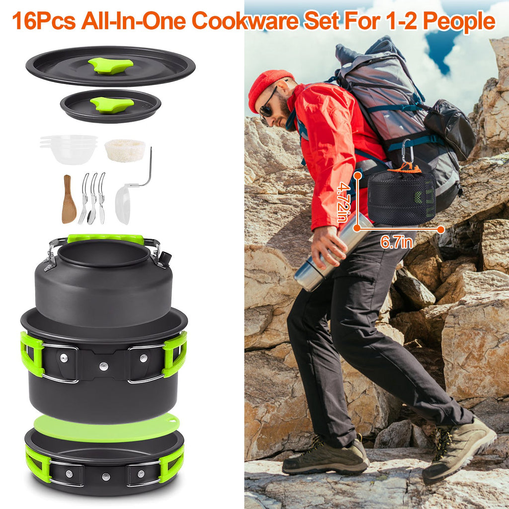 All-in-one cookware set for 1-2 people with a person hiking in the background.