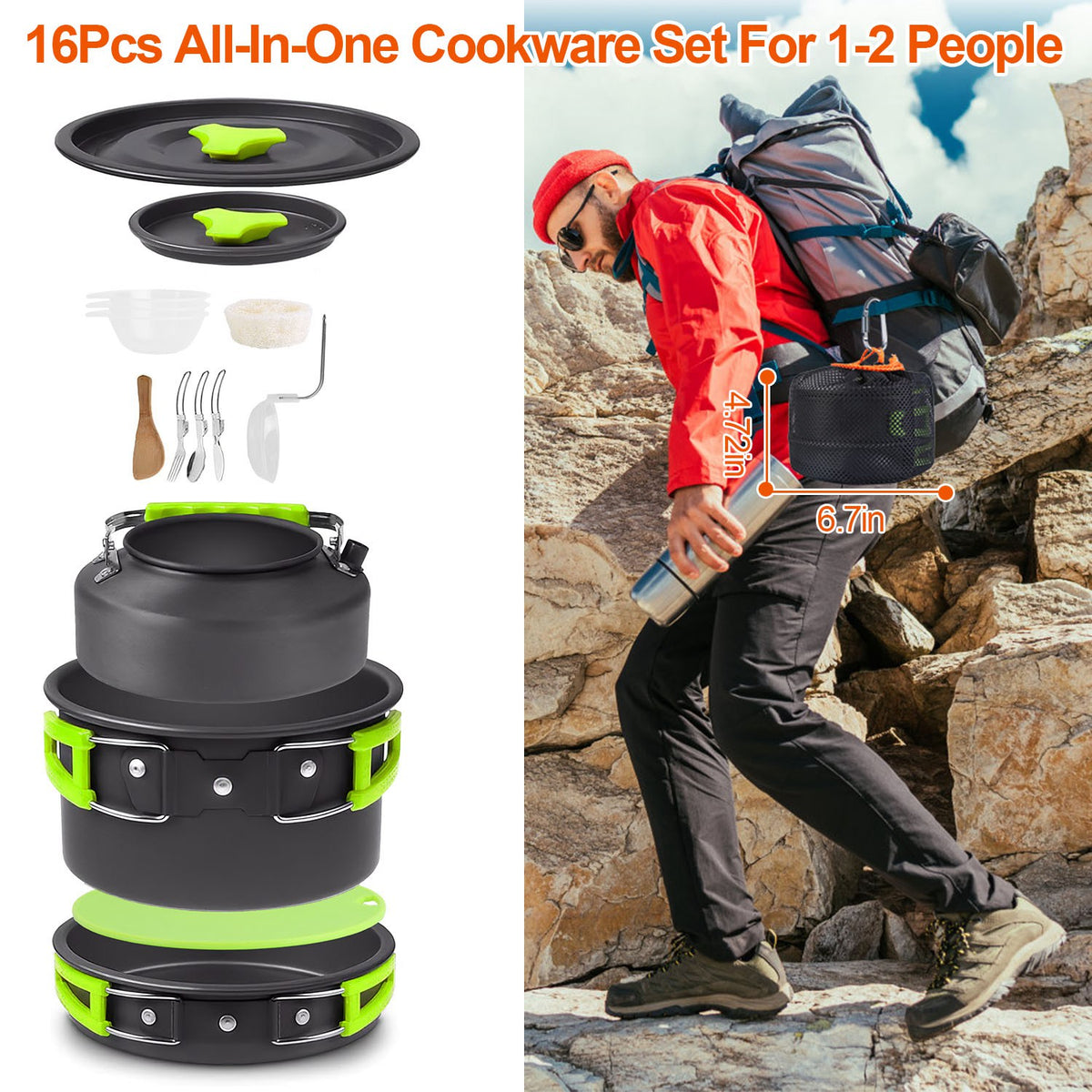 All-in-one cookware set for 1-2 people with a person hiking in the background.