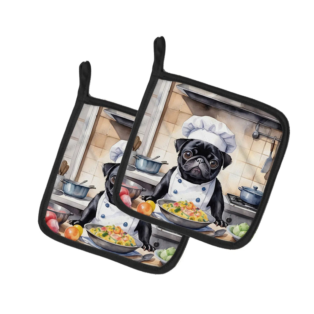 Pair of pot holders with a design of a pug dog cooking in a kitchen.
