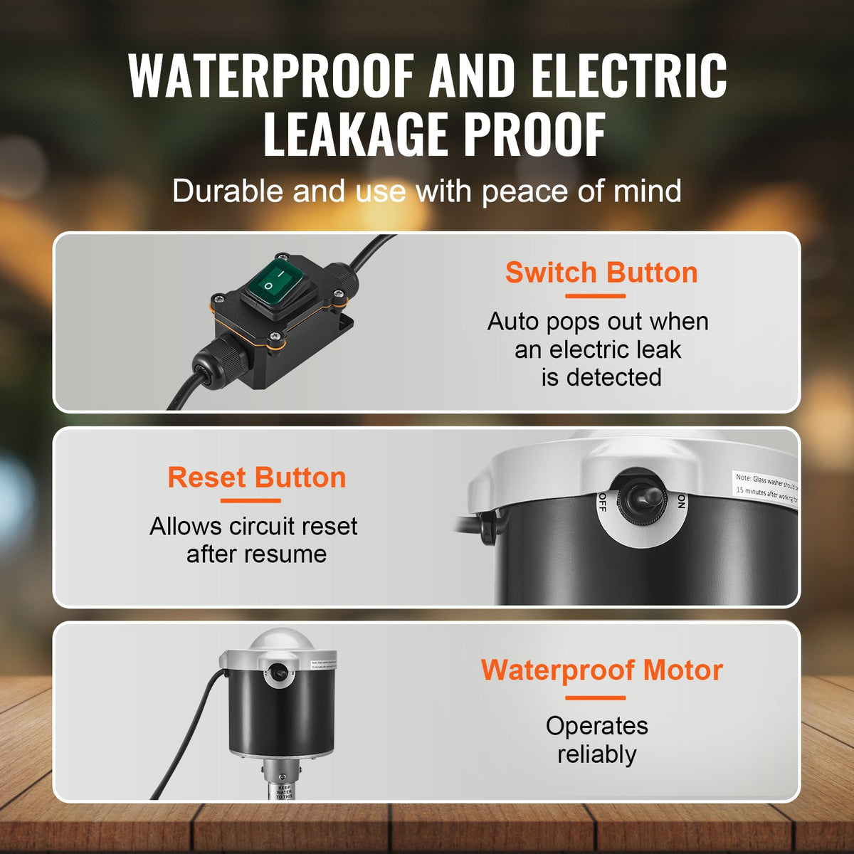 Product features including switch button, reset button, and waterproof motor with text on durability and peace of mind.