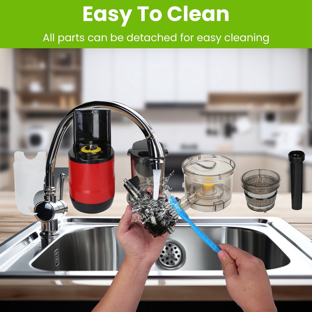 Kitchen sink with cleaning brush and parts, text 'Easy To Clean' and 'All parts can be detached for easy cleaning'.