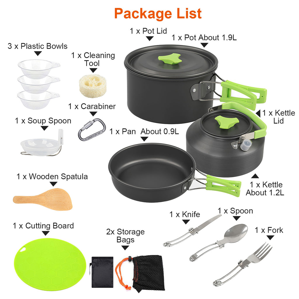 List of camping cookware and utensils with corresponding quantities and descriptions.