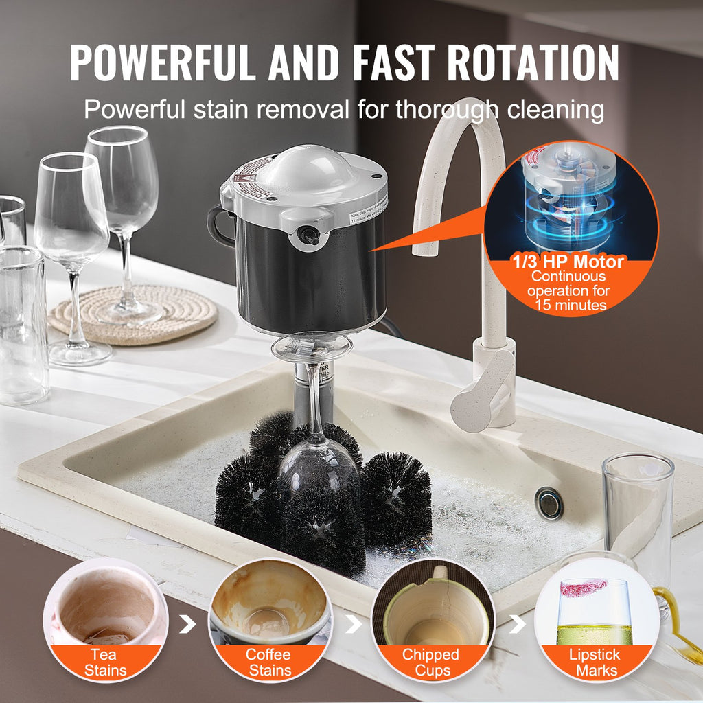 Cleaning device with rotating brush in a sink, surrounded by glasses and cups with stains.