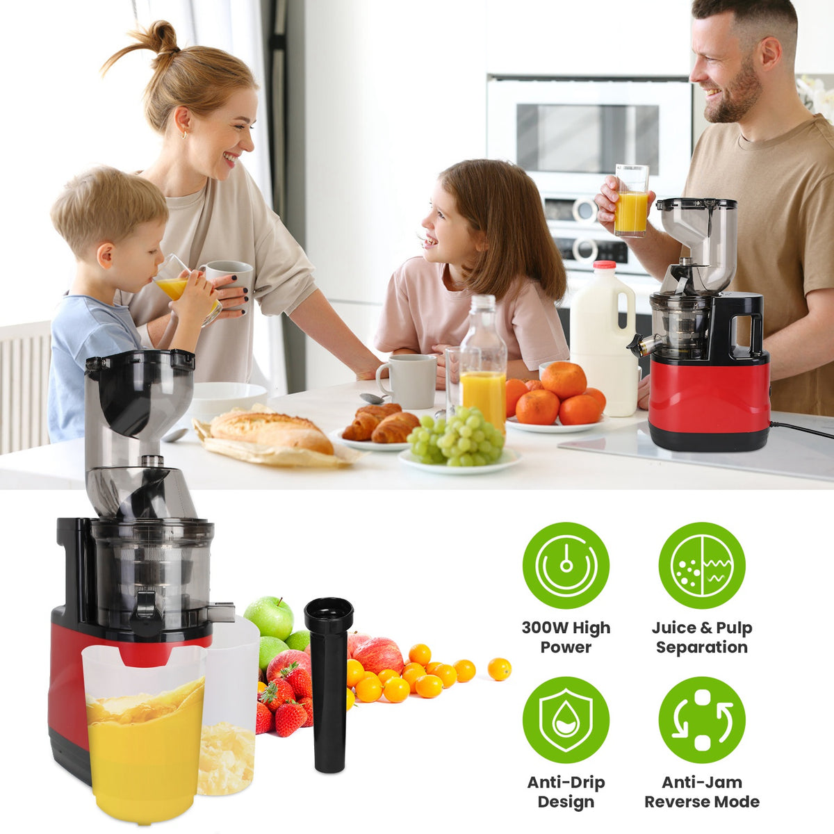 Family in a kitchen with a juicer, fruits, and vegetables, featuring product features on a white background.