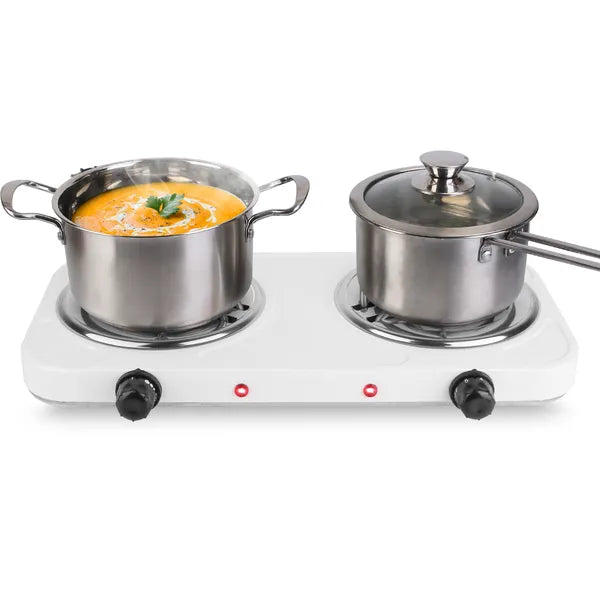 Double electric stove with two stainless steel pots on a white background