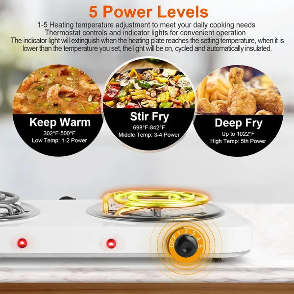 Hot plate with power level indicators for keep warm, stir fry, and deep fry on a white background.