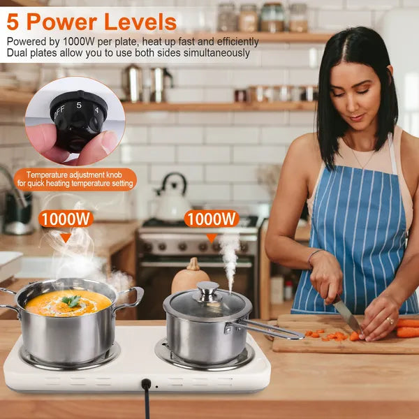 Woman cooking on a portable stove with 5 power levels and temperature adjustment knob shown.
