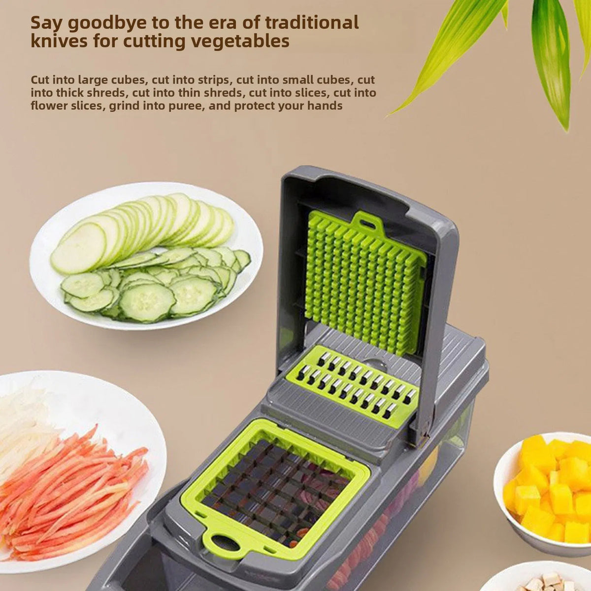 A vegetable chopper slicer machine with a gray body and bright green cutting plates, shown open on a beige background with text explaining its use. Plates of sliced cucumbers, shredded carrots, and diced yellow vegetables are arranged around it.
