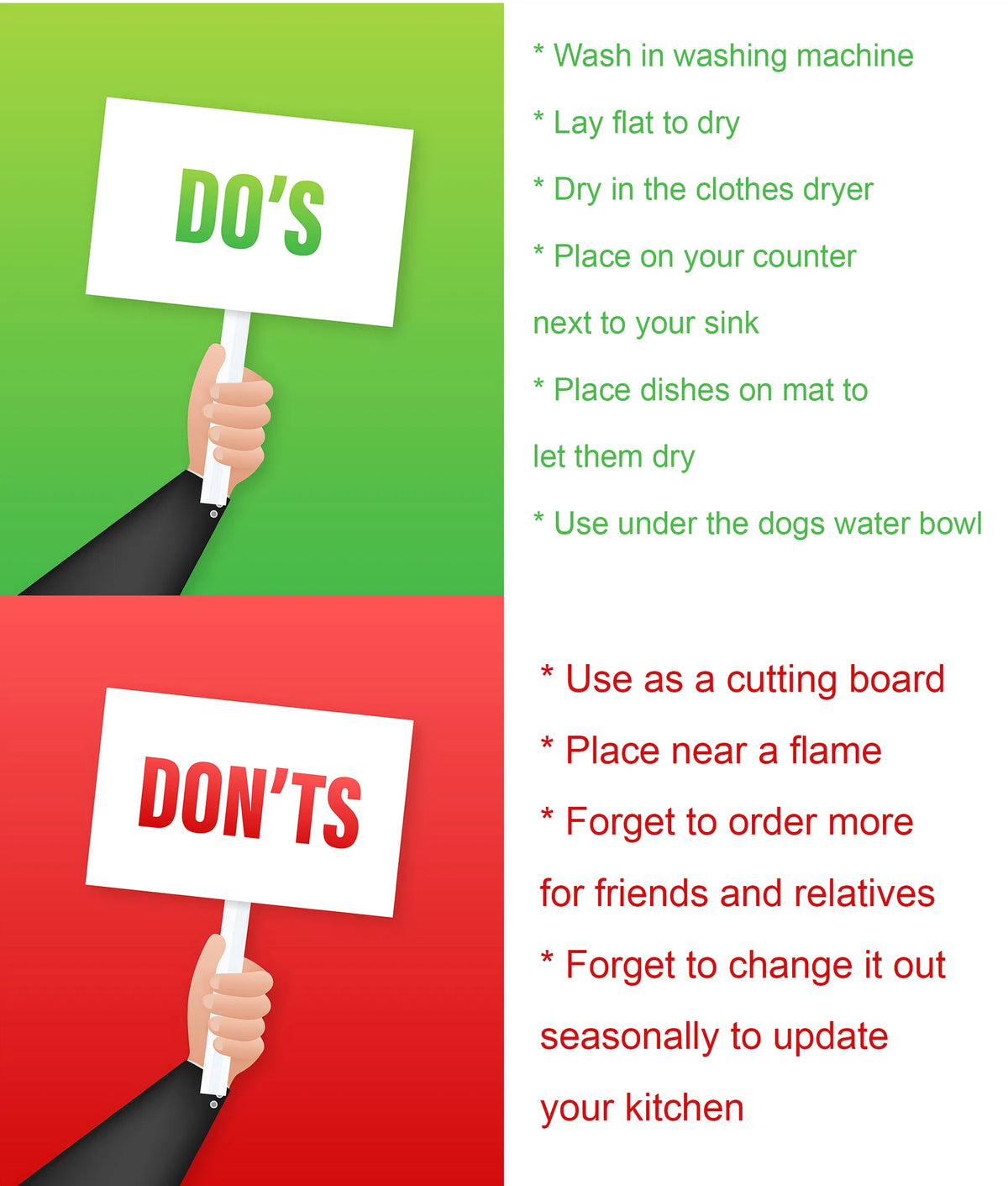 Illustration of a hand holding signs with 'DO's' and 'DON'Ts' on a green and red background.
