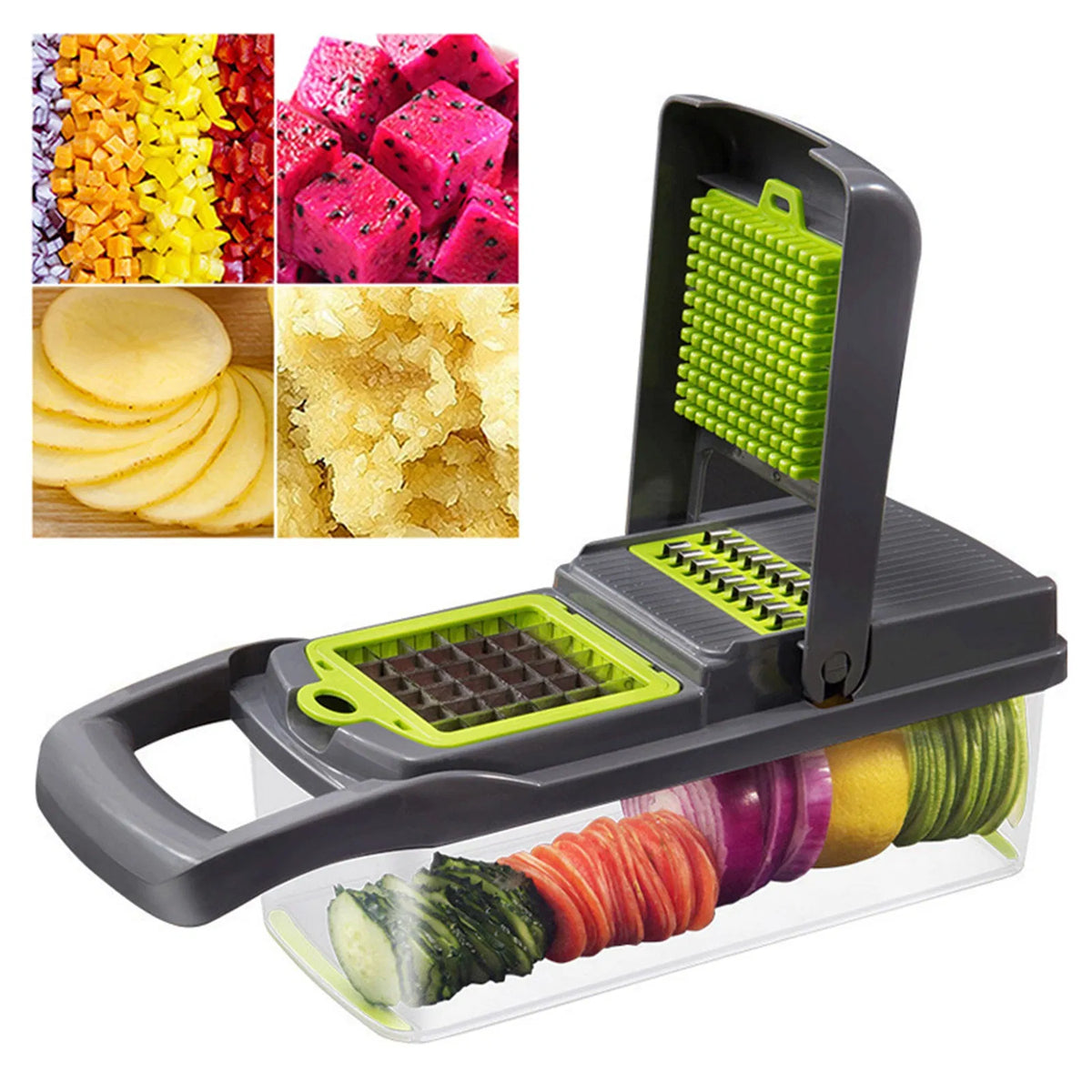 Multifunctional vegetable slicer with sliced vegetables displayed on a white background