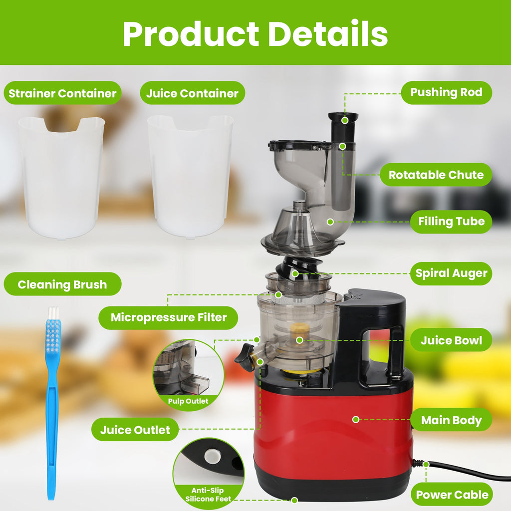 Infographic of a juicer with labeled parts and cleaning brush on a blurred background.