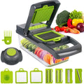 Multifunctional vegetable chopper with various attachments on a white background