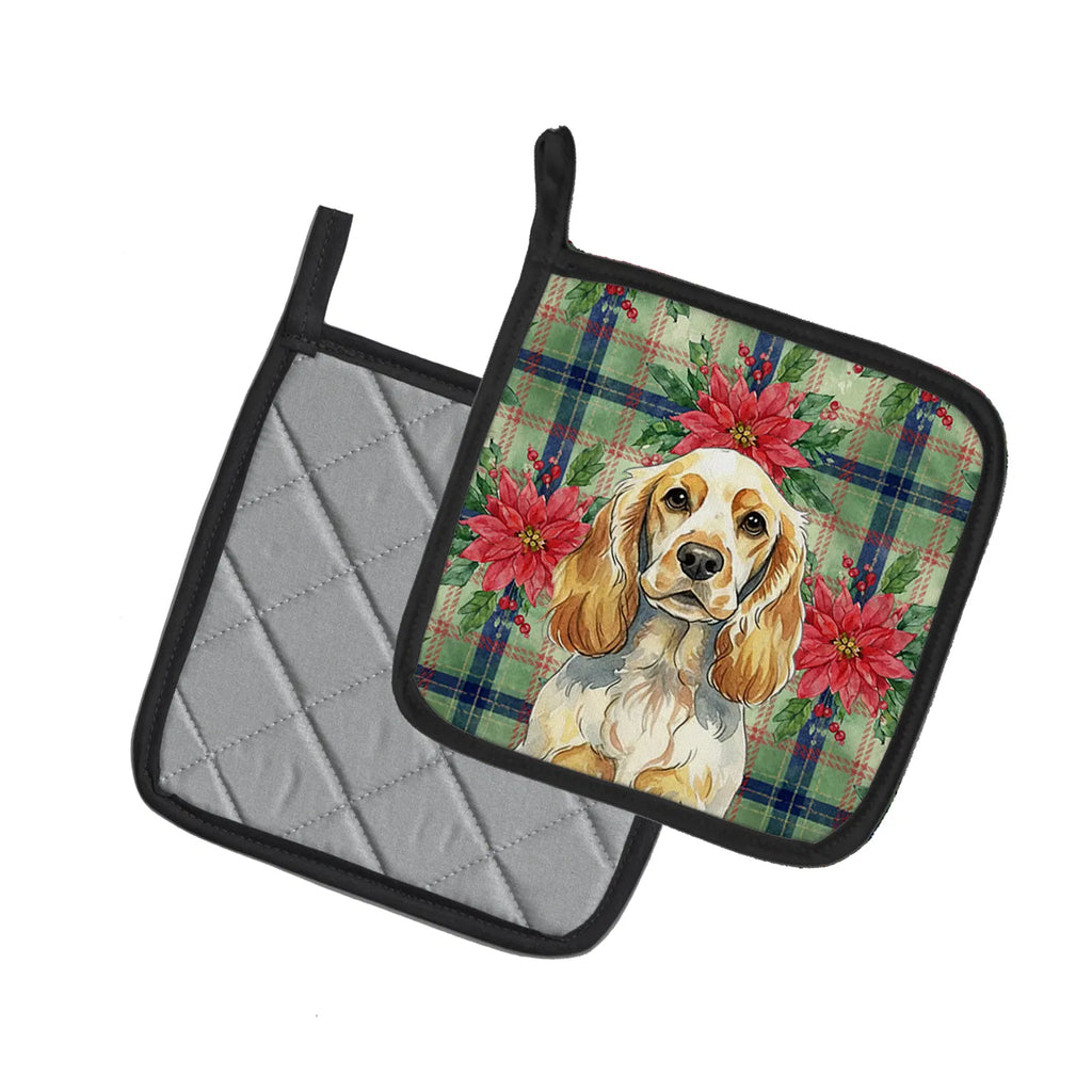 Pair of pot holders with a dog and floral design on one and gray fabric on the other.