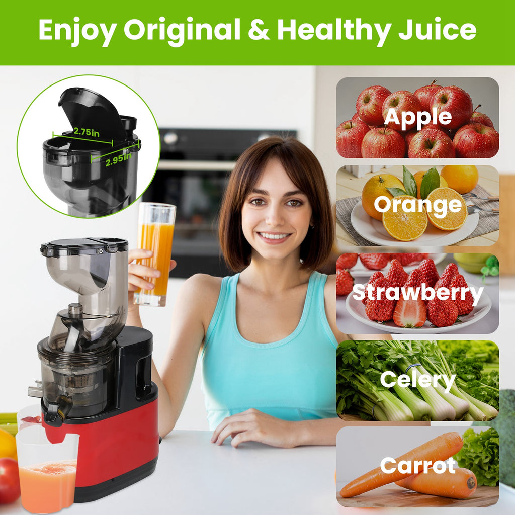 Woman holding a glass of juice next to a juicer with images of fruits and vegetables on a green background.