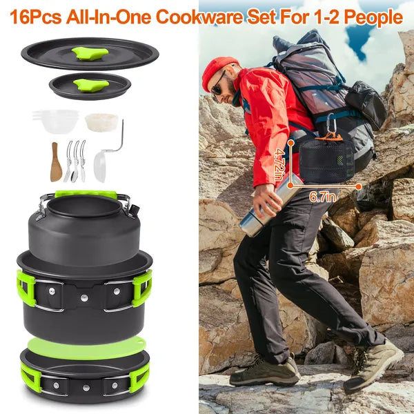 All-in-one cookware set for 1-2 people with a person hiking in the background.
