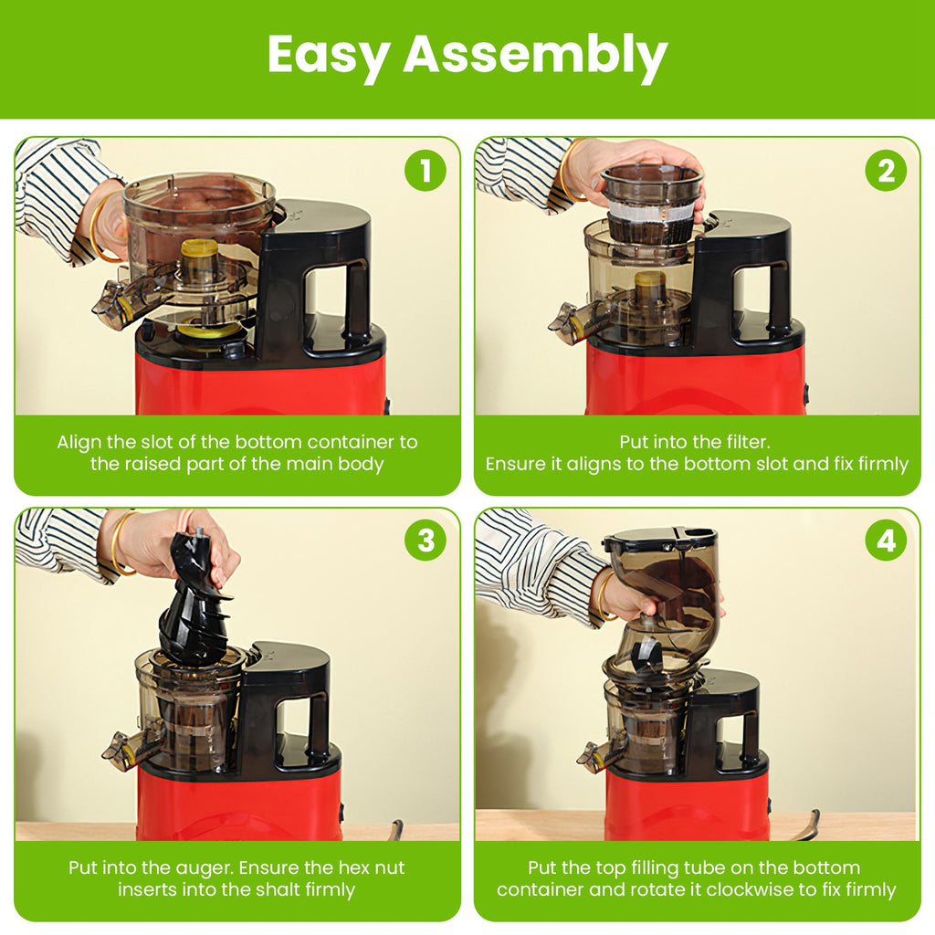 Step-by-step assembly instructions for a red and black device with text on a green background.
