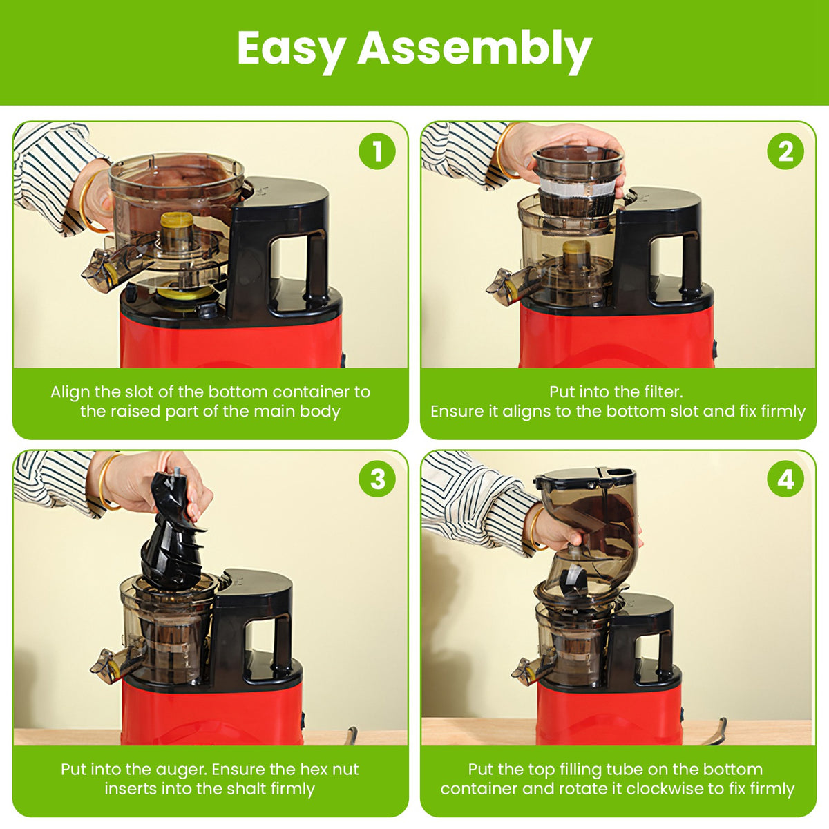 Step-by-step assembly instructions for a red and black device with text on a green background.