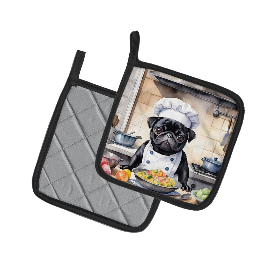 Potholder with a design of a pug dog in a chef's outfit cooking in a kitchen.