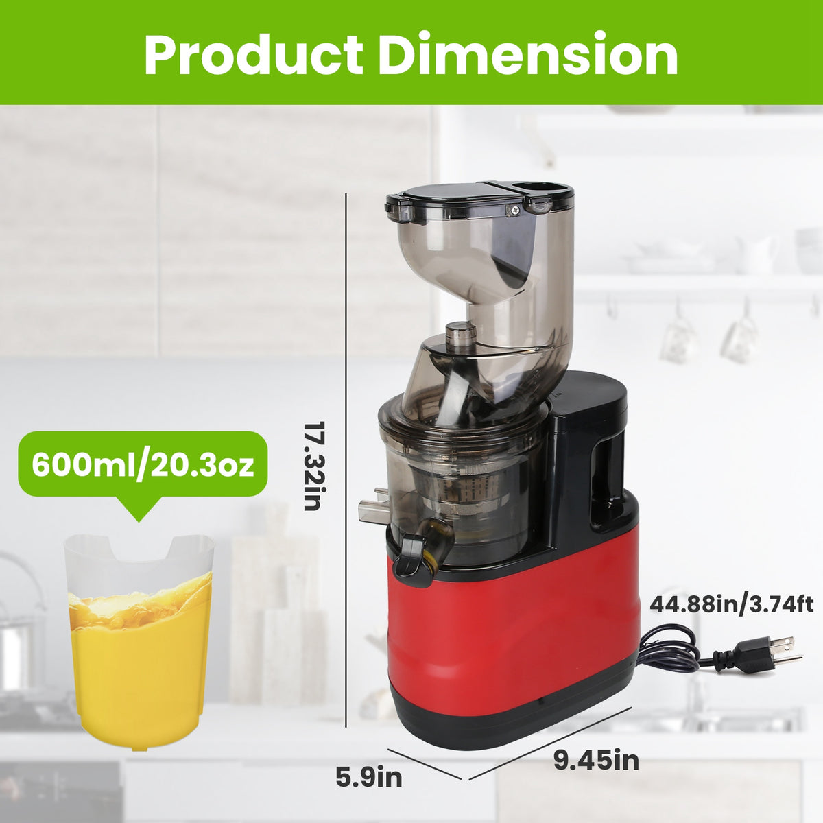 Red and black juicer with dimensions displayed on a white background