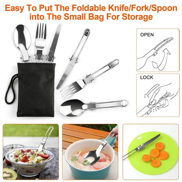 Foldable knife, fork, and spoon set with storage bag and usage examples.