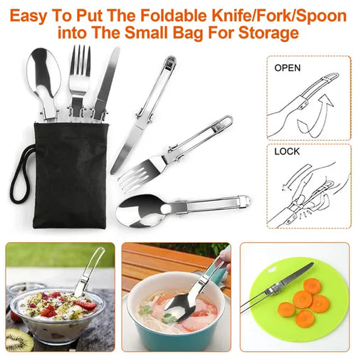 Foldable knife, fork, and spoon set with storage bag and usage examples.