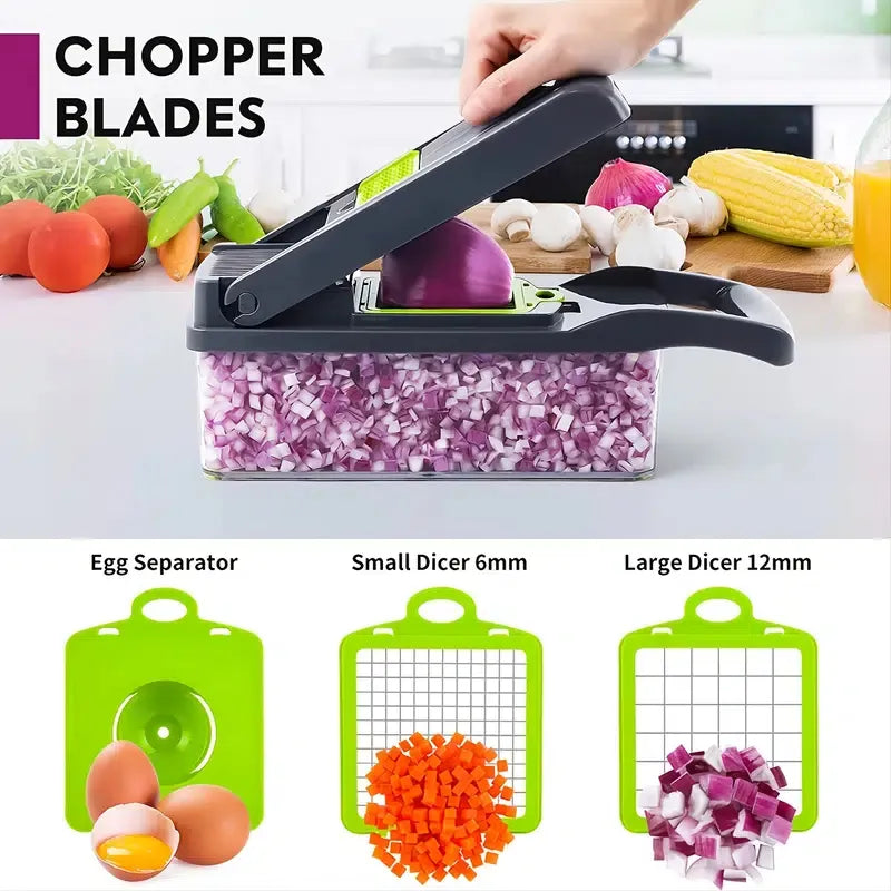 Vegetable chopper with dicing and separating functions, surrounded by vegetables and kitchen items.