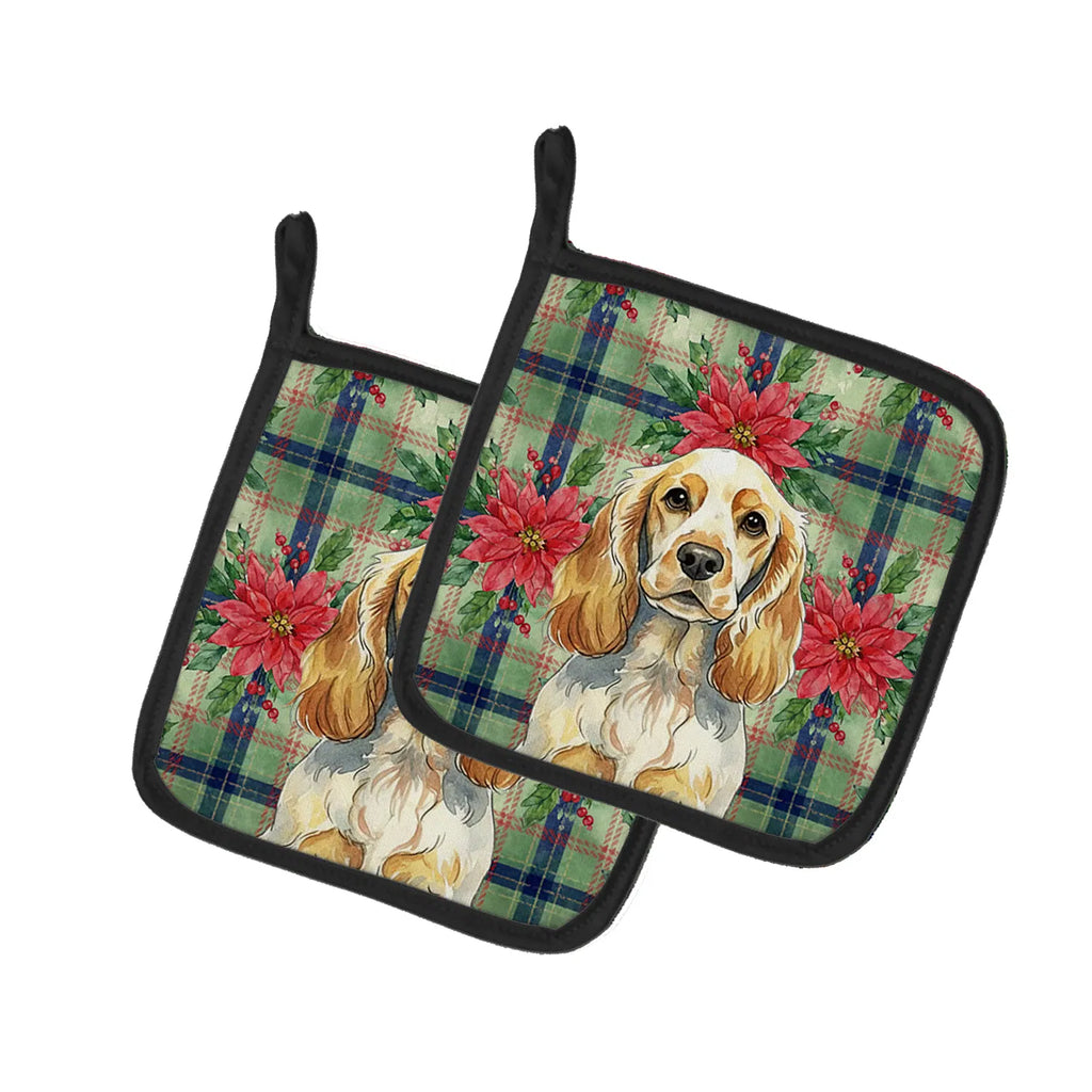 Pair of pot holders with a dog and floral design on plaid background