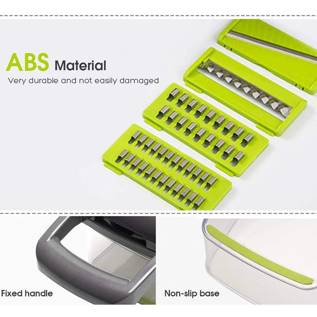 Lime green plastic mandoline slicer set with multiple stainless steel blade inserts, shown on a white background with text highlighting ABS material, plus small inset views showing the fixed handle and non-slip base.