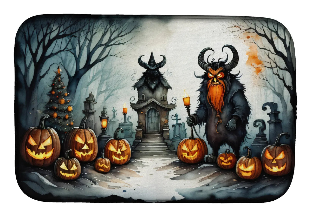 Halloween-themed decorative mat with a horned creature, pumpkins, and a haunted house.