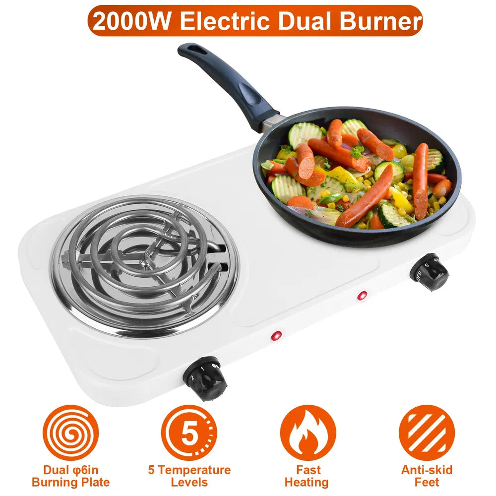 2000W Electric Dual Burner with a frying pan of vegetables on a white background