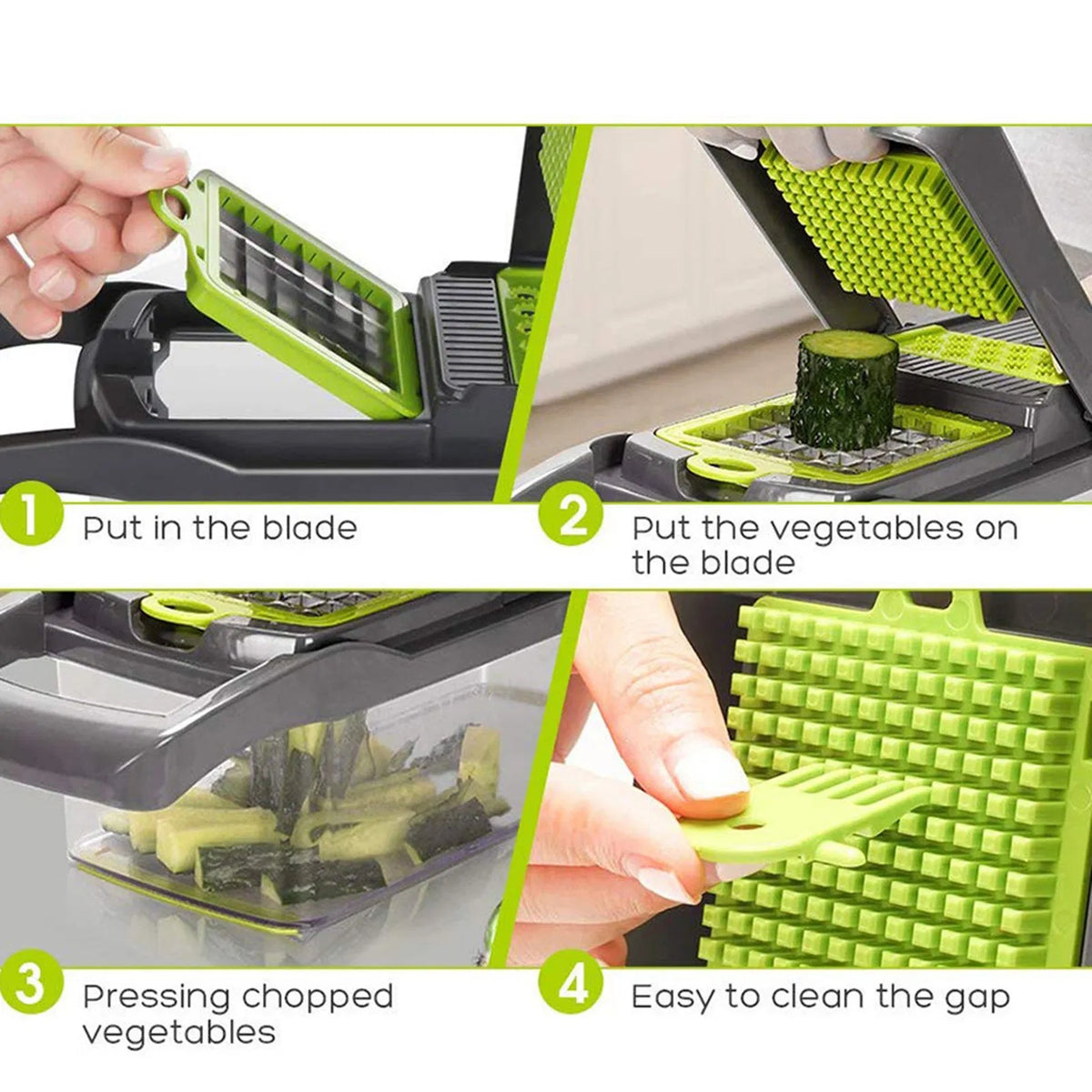 Four-panel instructional graphic showing a manual vegetable slicer/scraper in use. A hand inserts a green blade, places a zucchini on the cutting surface, presses chopped vegetables into a container, and highlights a clean, easy-to-clean gap.